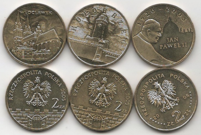 (097 102 106 3 монеты по 2 злотых) Набор монет Польша 2005 год   UNC